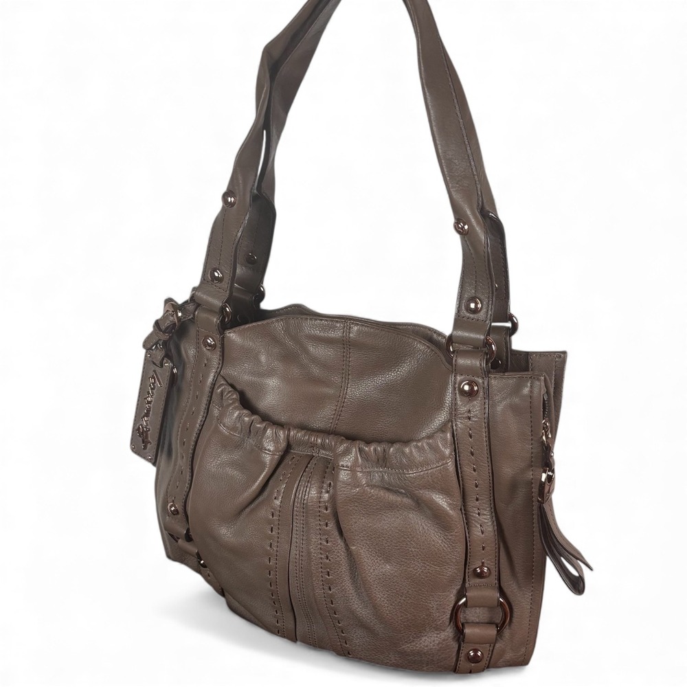 B Makowsky Cocoa Glove Leather north/South Pocket‎ Tote with Gunmetal Studs NWOT